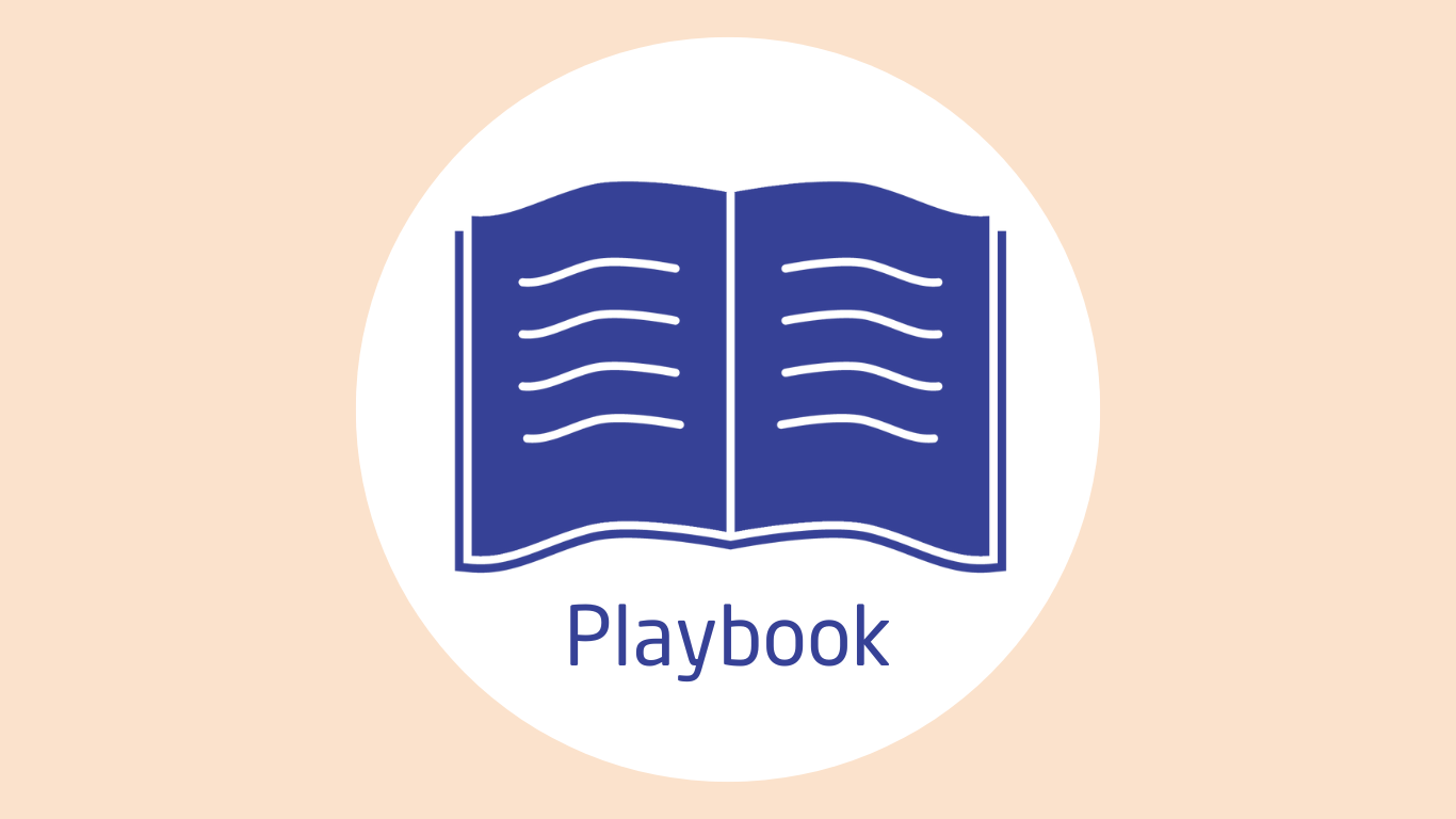 A graphic illustration of a book lying flat and open with 2 pages in view. The word 'playbook' is written underneath.