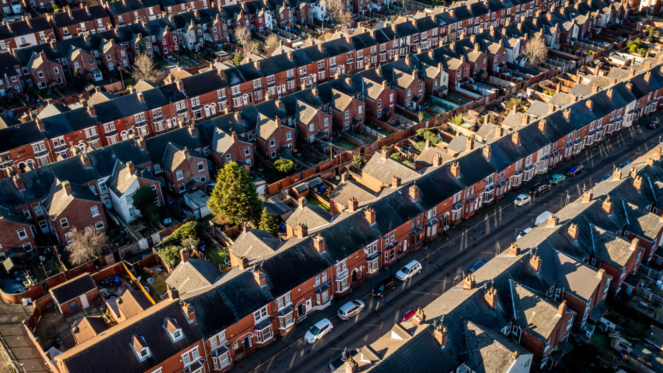 An aerial view of the rooftops of back to back terraced houses