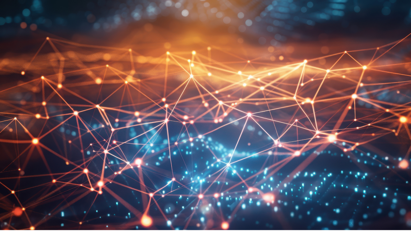 An illuminated, metallic abstract image on a dark blue background, with thin lines connecting small dots together to represent connections forming in multiple places.